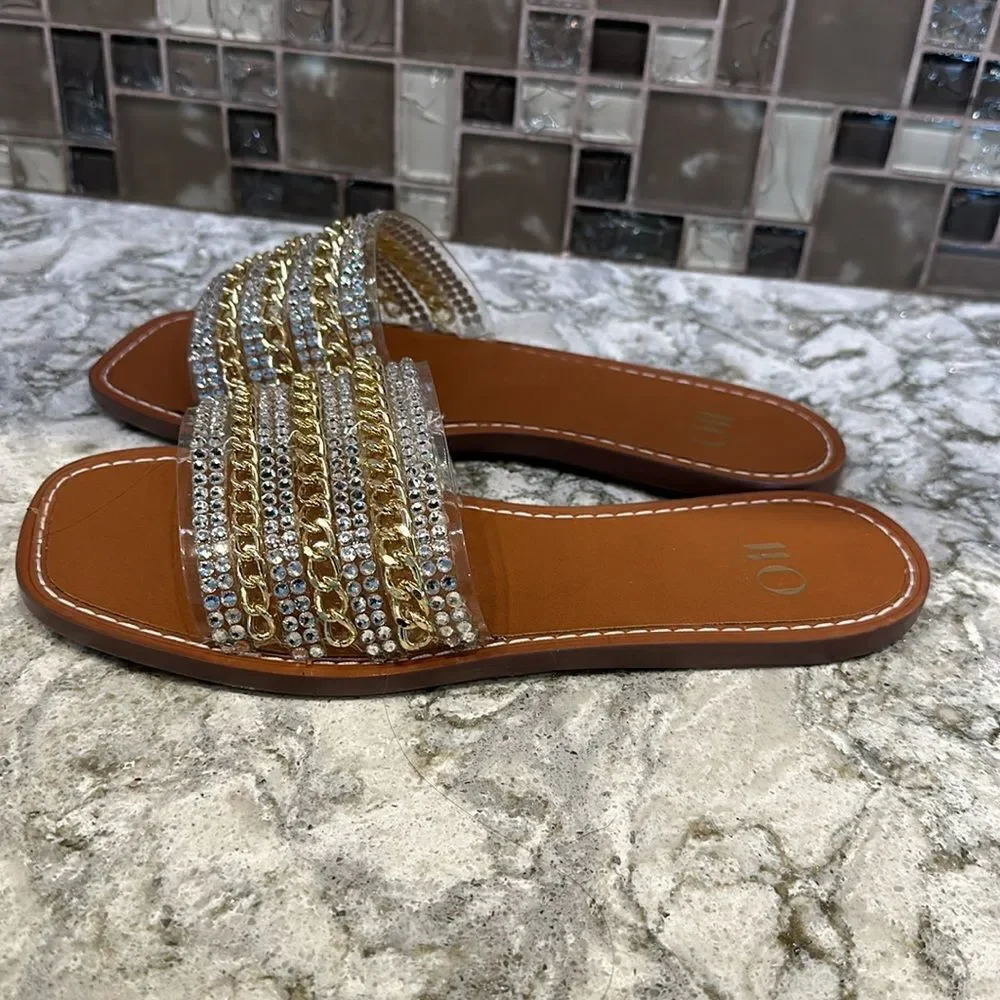 🥿✨ J Lo Flat Sandals - Size 7.5 - Never Worn - Clear, Gold, Silver Metallic